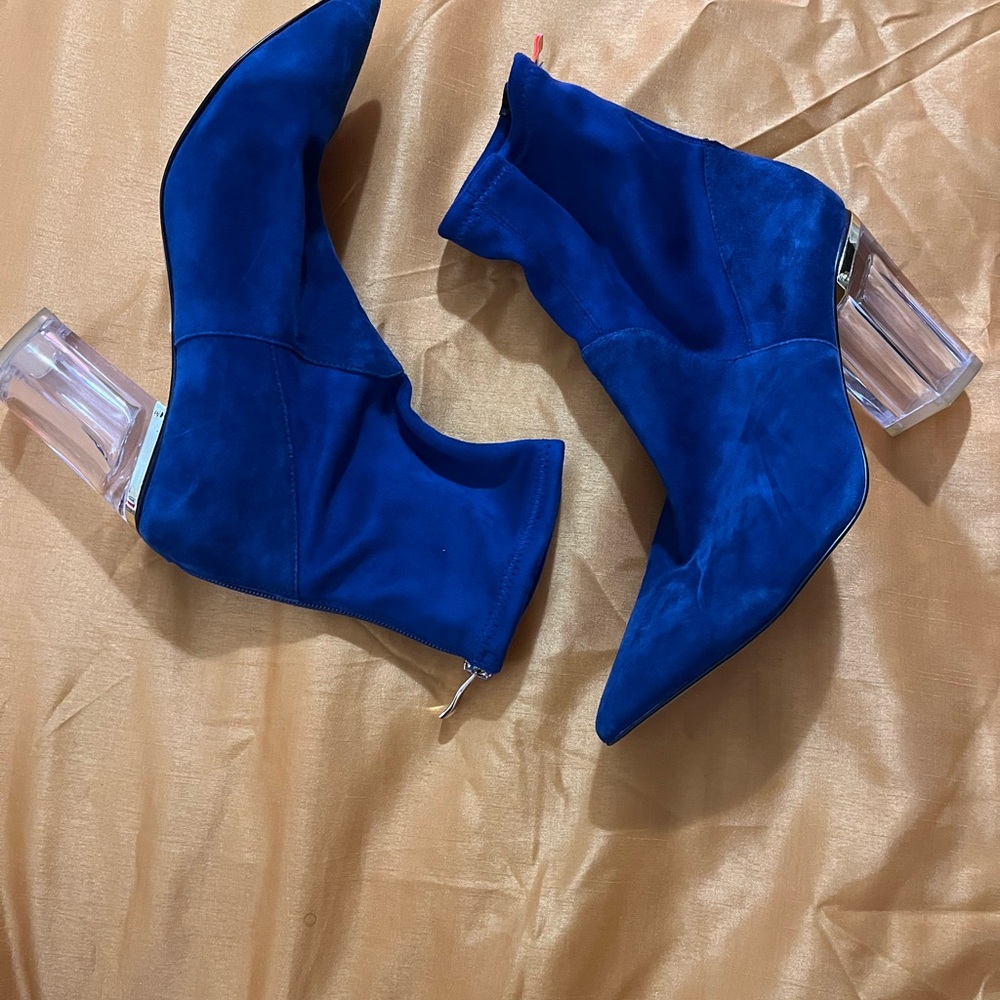 Blue Suede Women's Ankle Boots with Clear Heels